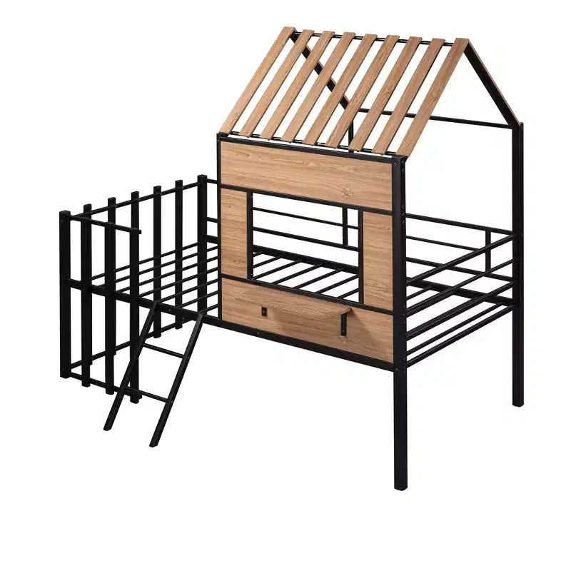Lit mezzanine en métal en forme de maison, jumeau, 1 personne – Noir / Argent / Blanc