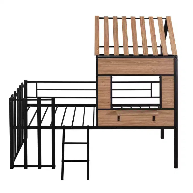 Lit mezzanine en métal en forme de maison, jumeau, 1 personne – Noir / Argent / Blanc