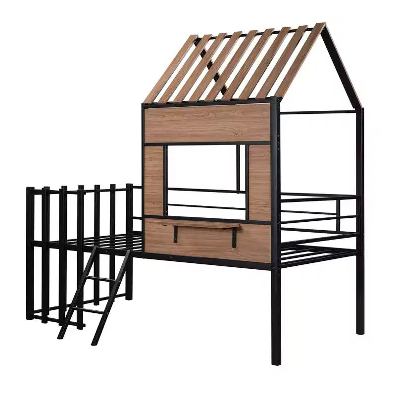 Lit mezzanine en métal en forme de maison, jumeau, 1 personne – Noir / Argent / Blanc