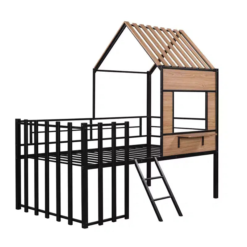 Lit mezzanine en métal en forme de maison, jumeau, 1 personne – Noir / Argent / Blanc