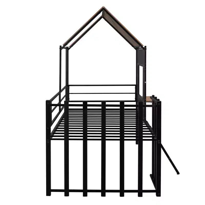 Lit mezzanine en métal en forme de maison, jumeau, 1 personne – Noir / Argent / Blanc