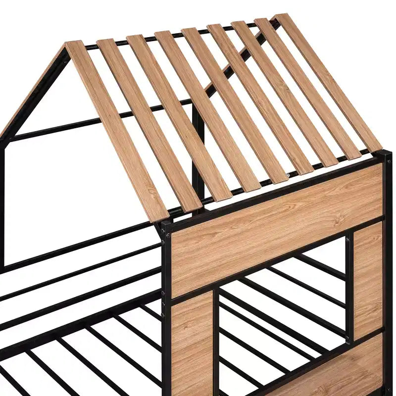 Lit mezzanine en métal en forme de maison, jumeau, 1 personne – Noir / Argent / Blanc