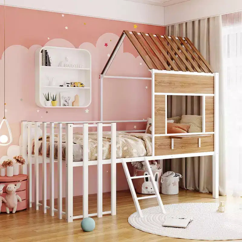 Lit mezzanine en métal en forme de maison, jumeau, 1 personne – Noir / Argent / Blanc