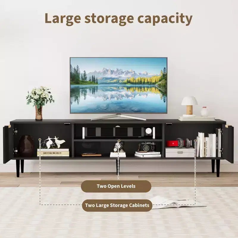 Meuble TV marron cannelé pour téléviseurs de 75 pouces, console média à 2 portes, simple