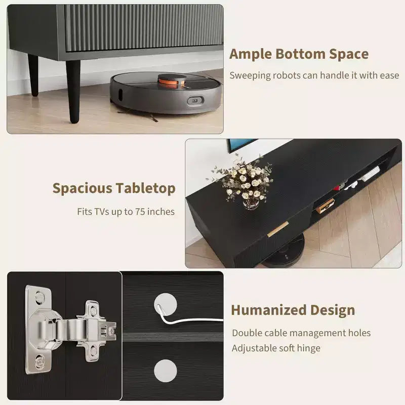 Meuble TV marron cannelé pour téléviseurs de 75 pouces, console média à 2 portes, simple