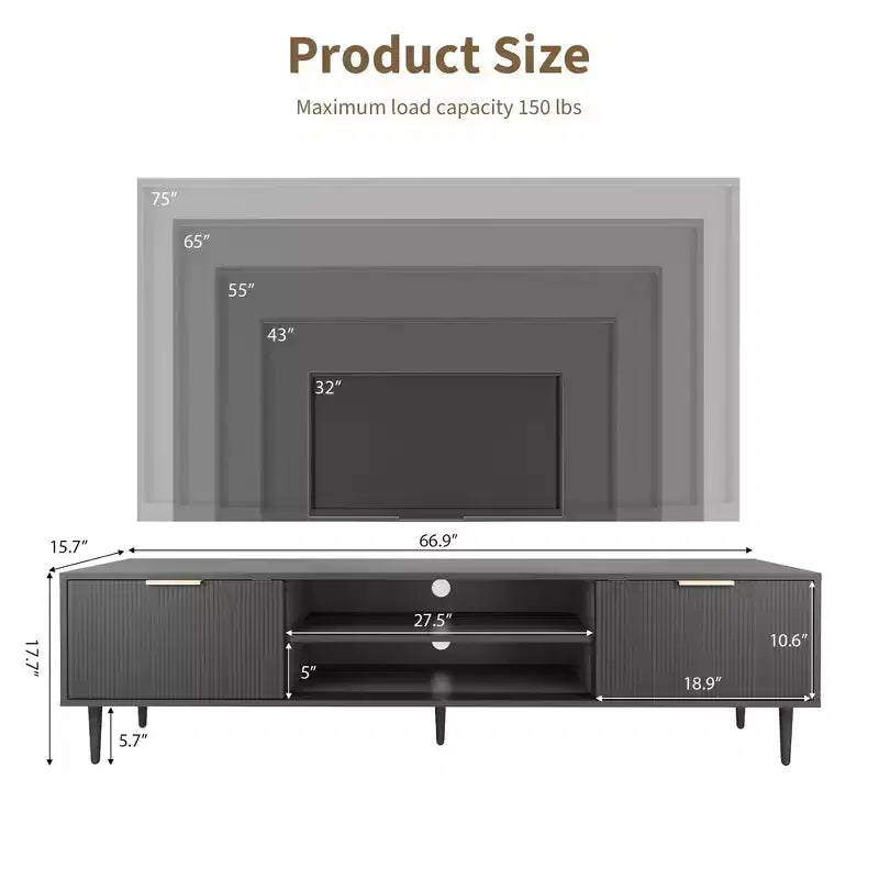 Meuble TV marron cannelé pour téléviseurs de 75 pouces, console média à 2 portes, simple