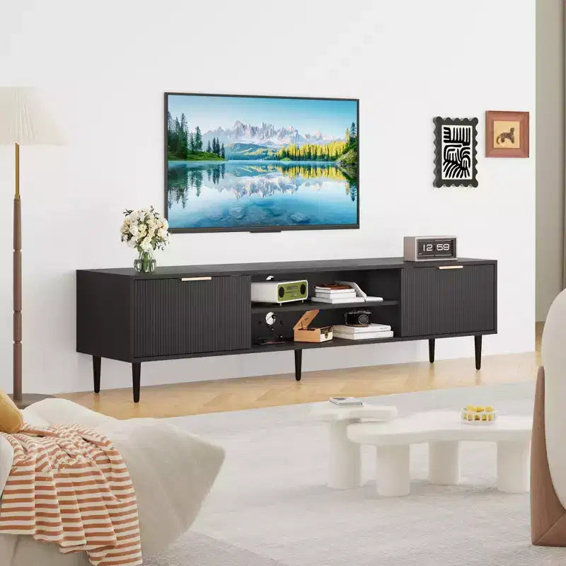 Meuble TV marron cannelé pour téléviseurs de 75 pouces, console média à 2 portes, simple