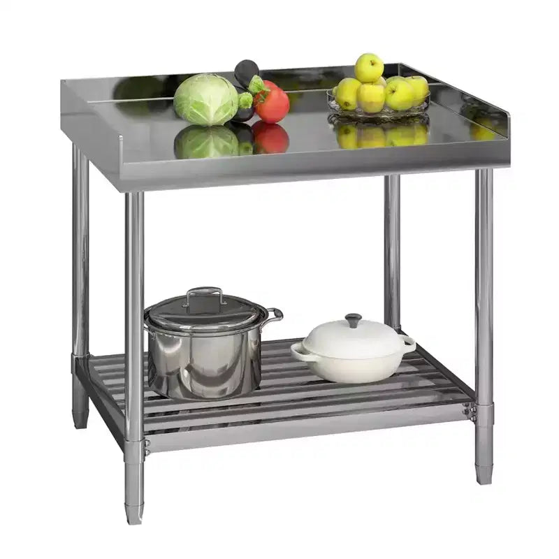 Table de préparation en acier inoxydable argenté à 2 étagères avec dosseret, mono-utilisateur