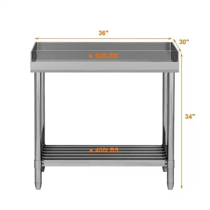 Table de préparation en acier inoxydable argenté à 2 étagères avec dosseret, mono-utilisateur