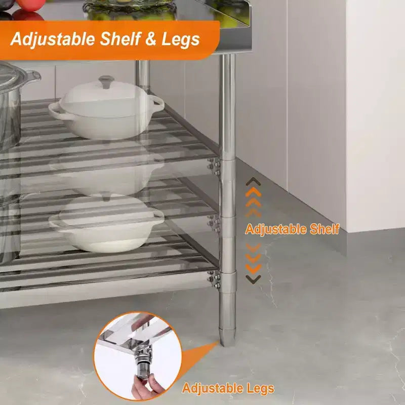 Table de préparation en acier inoxydable argenté à 2 étagères avec dosseret, mono-utilisateur