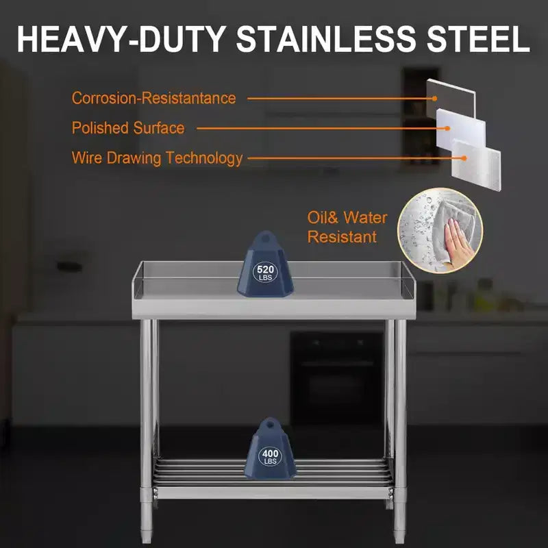 Table de préparation en acier inoxydable argenté à 2 étagères avec dosseret, mono-utilisateur
