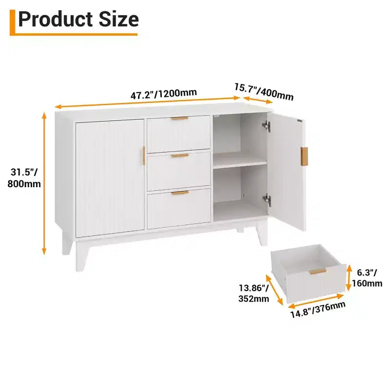 Buffet cannelé brun/blanc avec 3 tiroirs et 2 portes