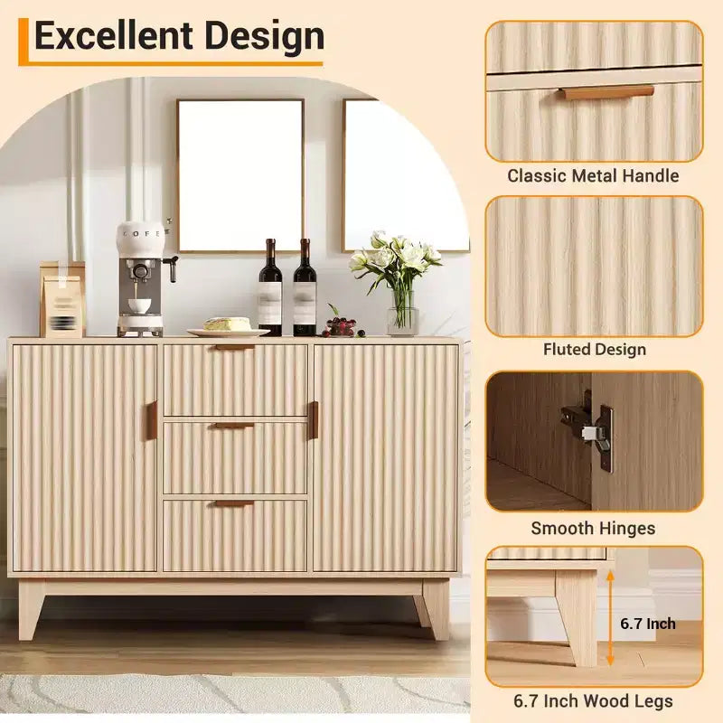 Buffet cannelé brun/blanc avec 3 tiroirs et 2 portes