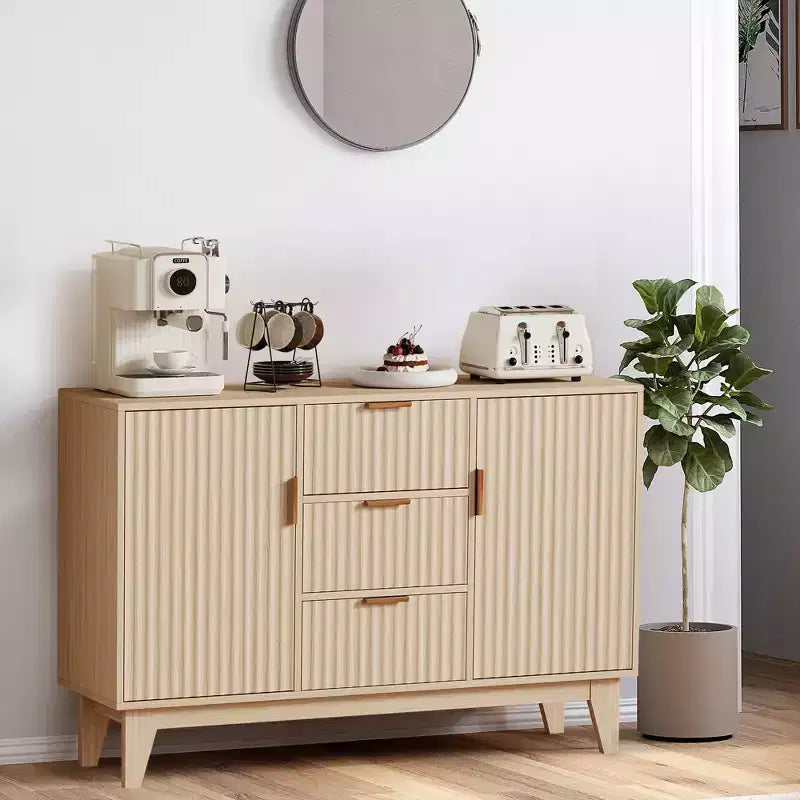 Buffet cannelé brun/blanc avec 3 tiroirs et 2 portes