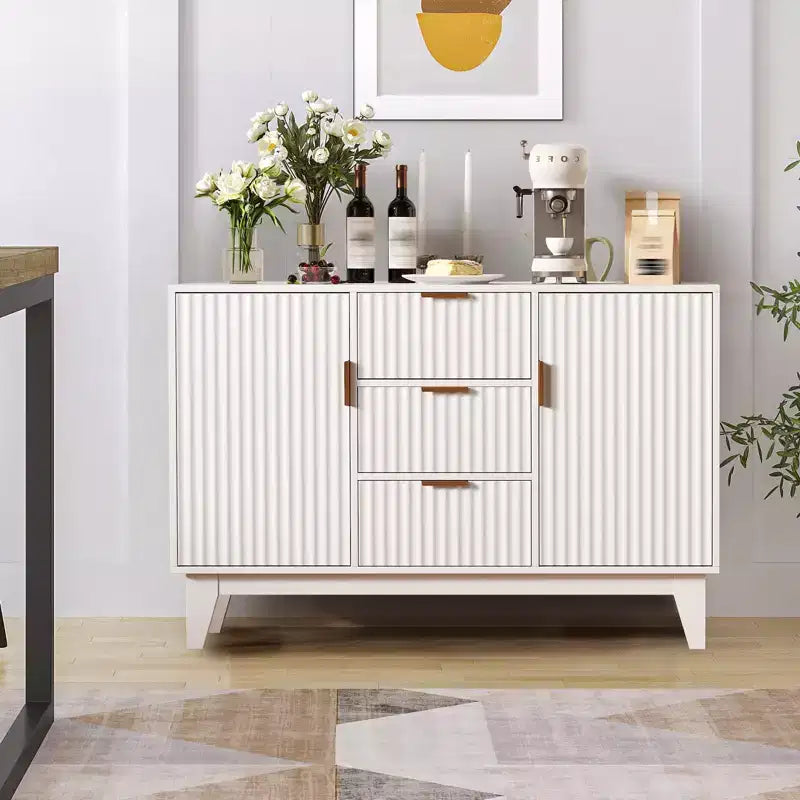 Buffet cannelé brun/blanc avec 3 tiroirs et 2 portes