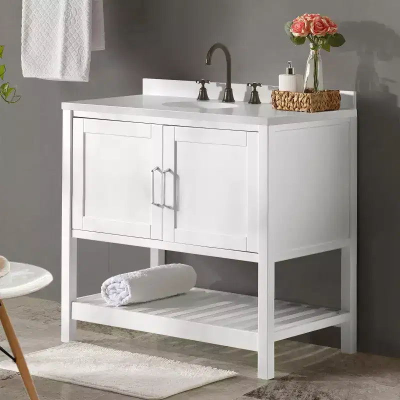 Meuble-lavabo blanc autoportant pour salle de bain, style Shaker, portes à fermeture amortie, un évier, 36 po.
