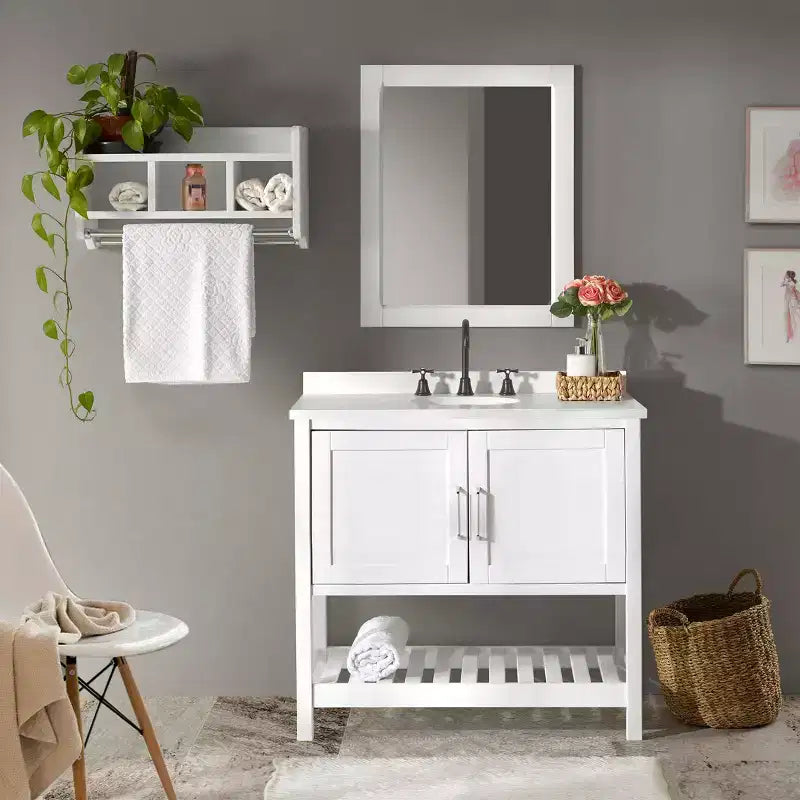 Meuble-lavabo blanc autoportant pour salle de bain, style Shaker, portes à fermeture amortie, un évier, 36 po.