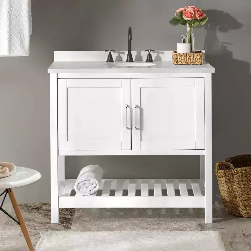 Meuble-lavabo blanc autoportant pour salle de bain, style Shaker, portes à fermeture amortie, un évier, 36 po.