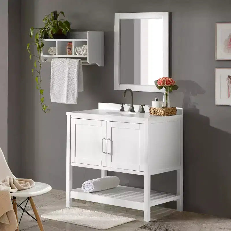 Meuble-lavabo blanc autoportant pour salle de bain, style Shaker, portes à fermeture amortie, un évier, 36 po.