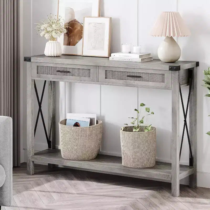Console en rotin gris/marron – Style bohème, Table d'entrée monobloc, 109 cm