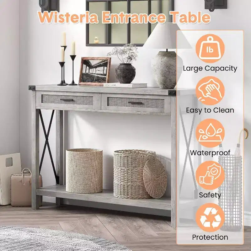 Console en rotin gris/marron – Style bohème, Table d'entrée monobloc, 109 cm