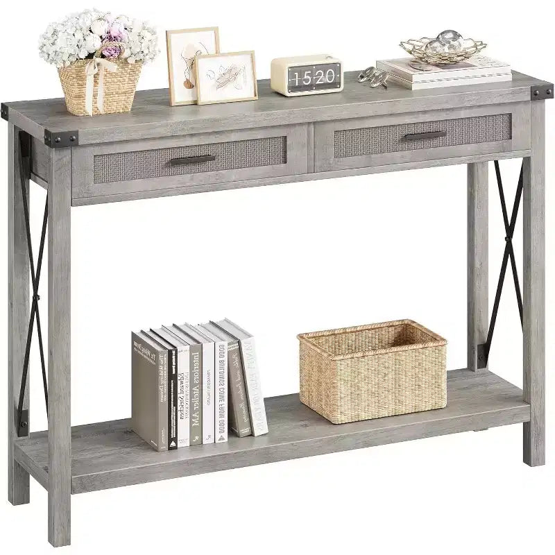 Console en rotin gris/marron – Style bohème, Table d'entrée monobloc, 109 cm