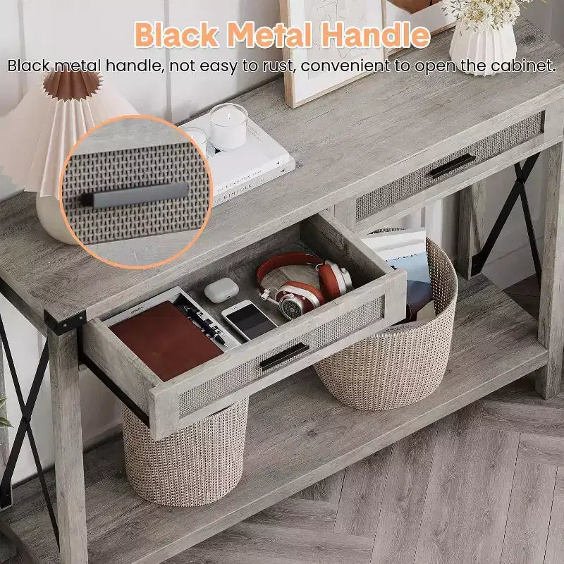 Console en rotin gris/marron – Style bohème, Table d'entrée monobloc, 109 cm