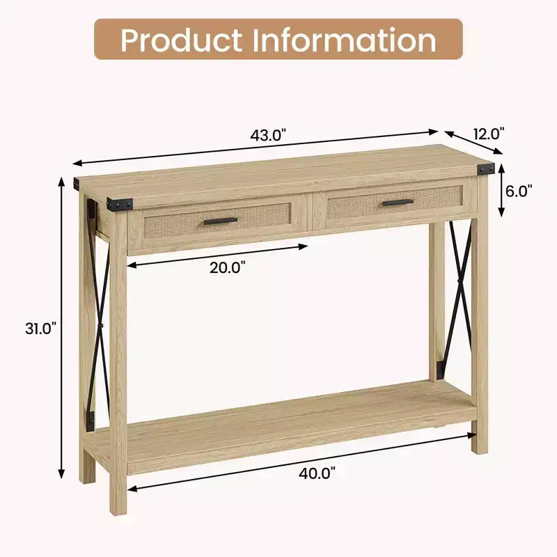 Console en rotin gris/marron – Style bohème, Table d'entrée monobloc, 109 cm