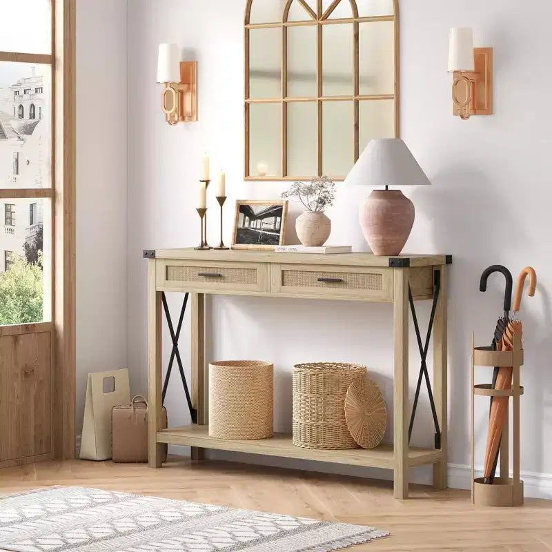 Console en rotin gris/marron – Style bohème, Table d'entrée monobloc, 109 cm