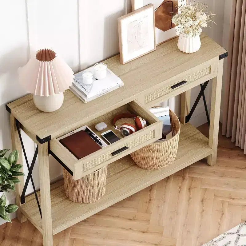 Console en rotin gris/marron – Style bohème, Table d'entrée monobloc, 109 cm
