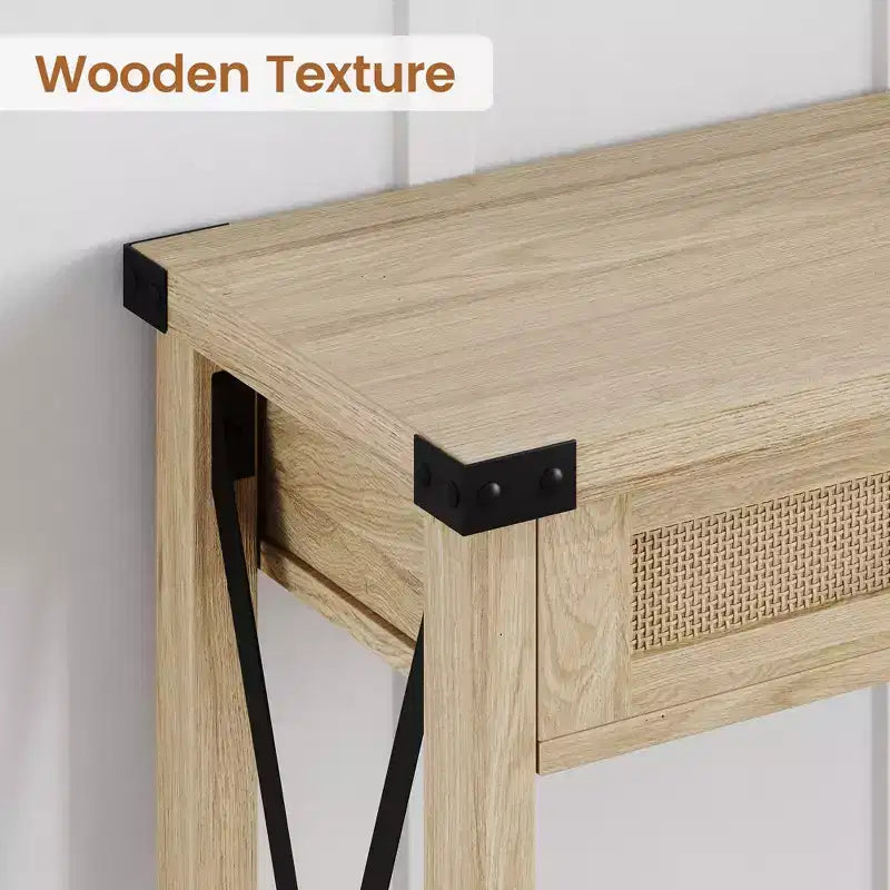Console en rotin gris/marron – Style bohème, Table d'entrée monobloc, 109 cm