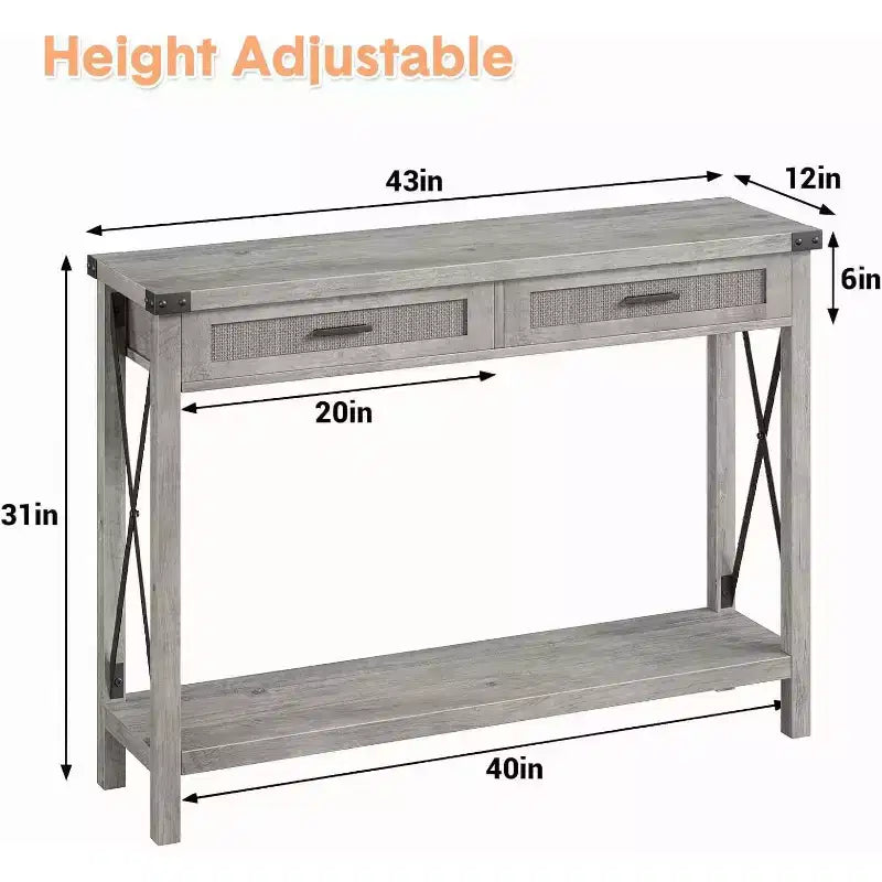 Console en rotin gris/marron – Style bohème, Table d'entrée monobloc, 109 cm