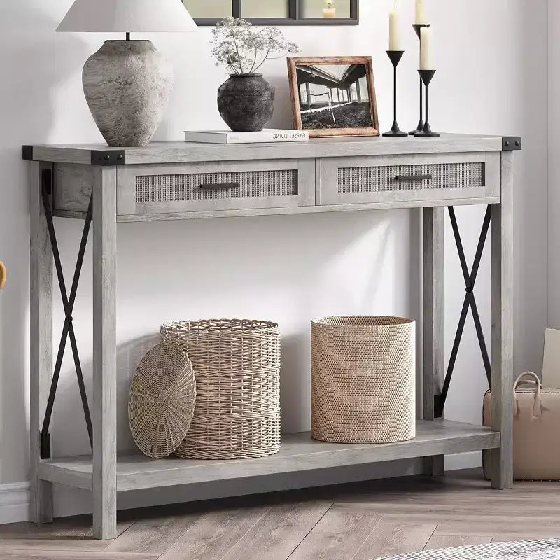 Console en rotin gris/marron – Style bohème, Table d'entrée monobloc, 109 cm