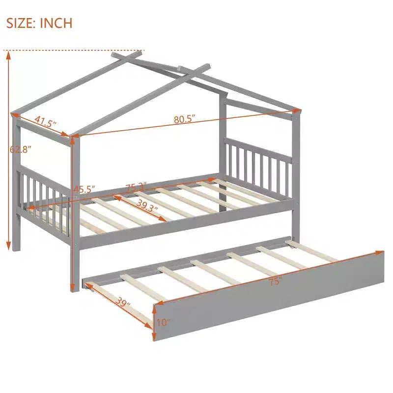 Lit jumeau de style maison, gris/naturel/noyer/blanc, avec lit gigogne – Pour 2 personnes