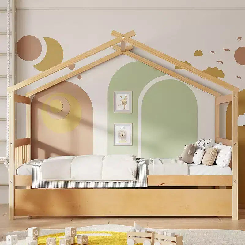 Lit jumeau de style maison, gris/naturel/noyer/blanc, avec lit gigogne – Pour 2 personnes