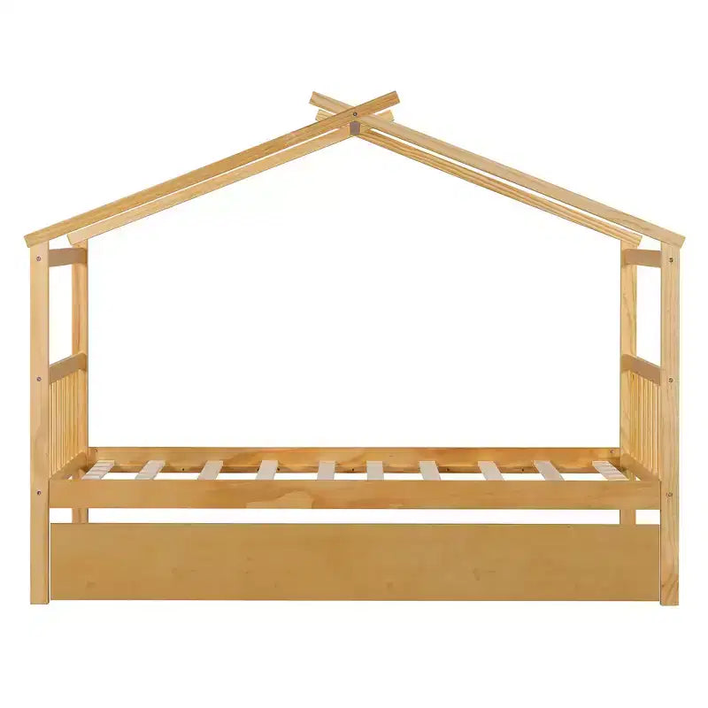 Lit jumeau de style maison, gris/naturel/noyer/blanc, avec lit gigogne – Pour 2 personnes