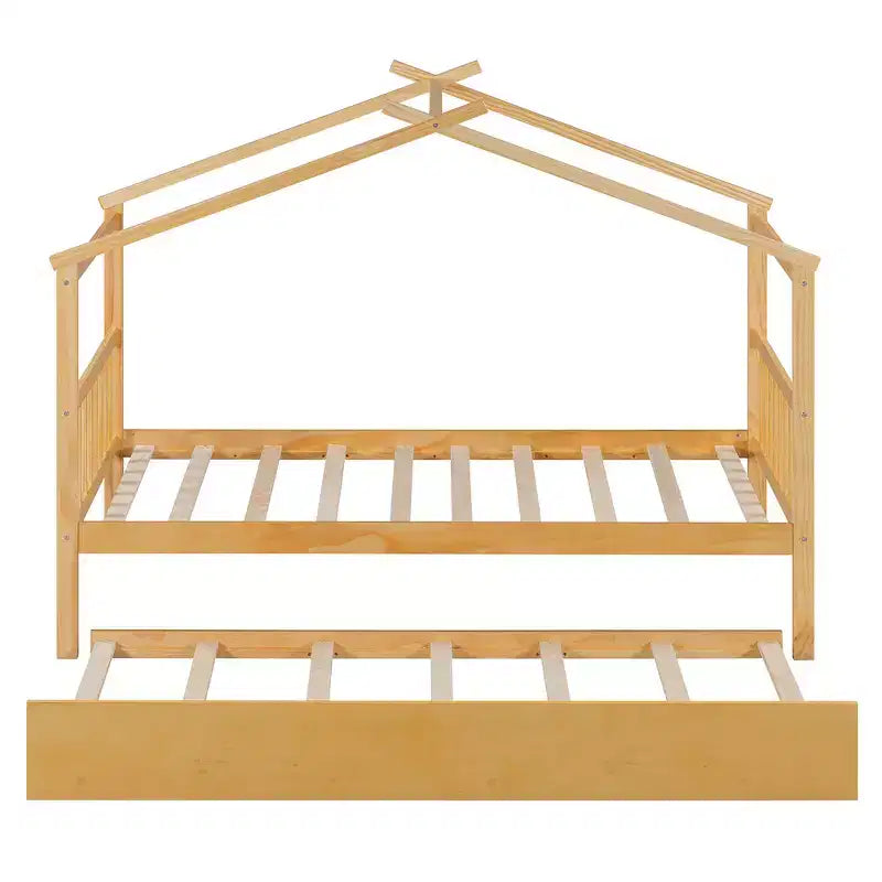 Lit jumeau de style maison, gris/naturel/noyer/blanc, avec lit gigogne – Pour 2 personnes