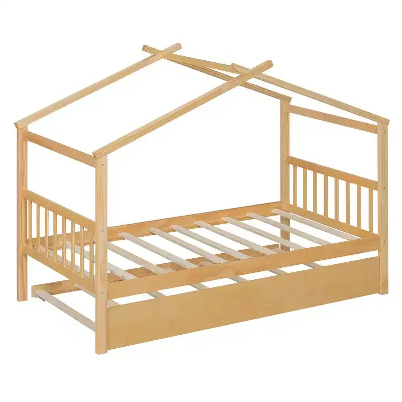 Lit jumeau de style maison, gris/naturel/noyer/blanc, avec lit gigogne – Pour 2 personnes