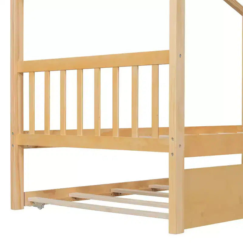 Lit jumeau de style maison, gris/naturel/noyer/blanc, avec lit gigogne – Pour 2 personnes