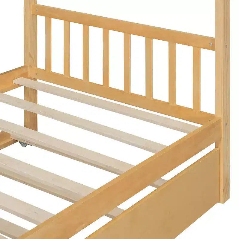 Lit jumeau de style maison, gris/naturel/noyer/blanc, avec lit gigogne – Pour 2 personnes