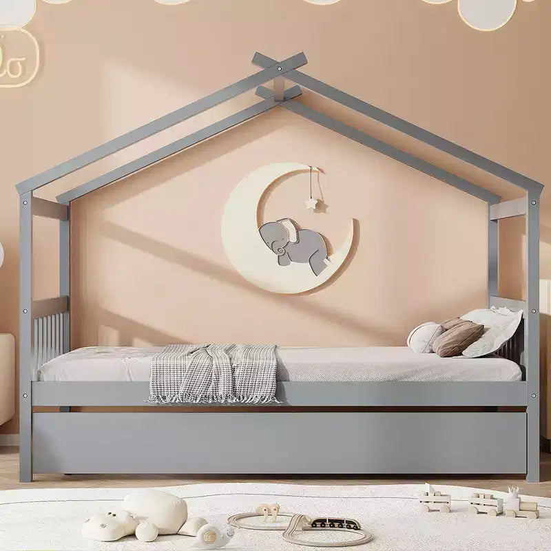 Lit jumeau de style maison, gris/naturel/noyer/blanc, avec lit gigogne – Pour 2 personnes