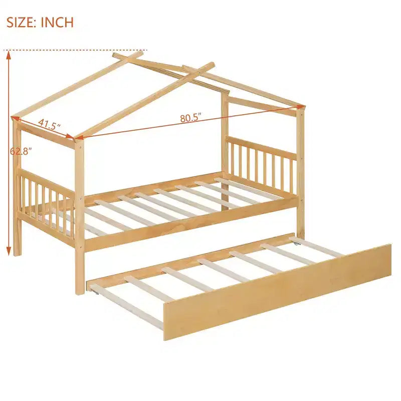 Lit jumeau de style maison, gris/naturel/noyer/blanc, avec lit gigogne – Pour 2 personnes