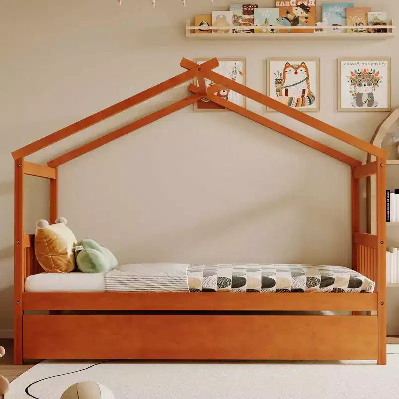 Lit jumeau de style maison, gris/naturel/noyer/blanc, avec lit gigogne – Pour 2 personnes