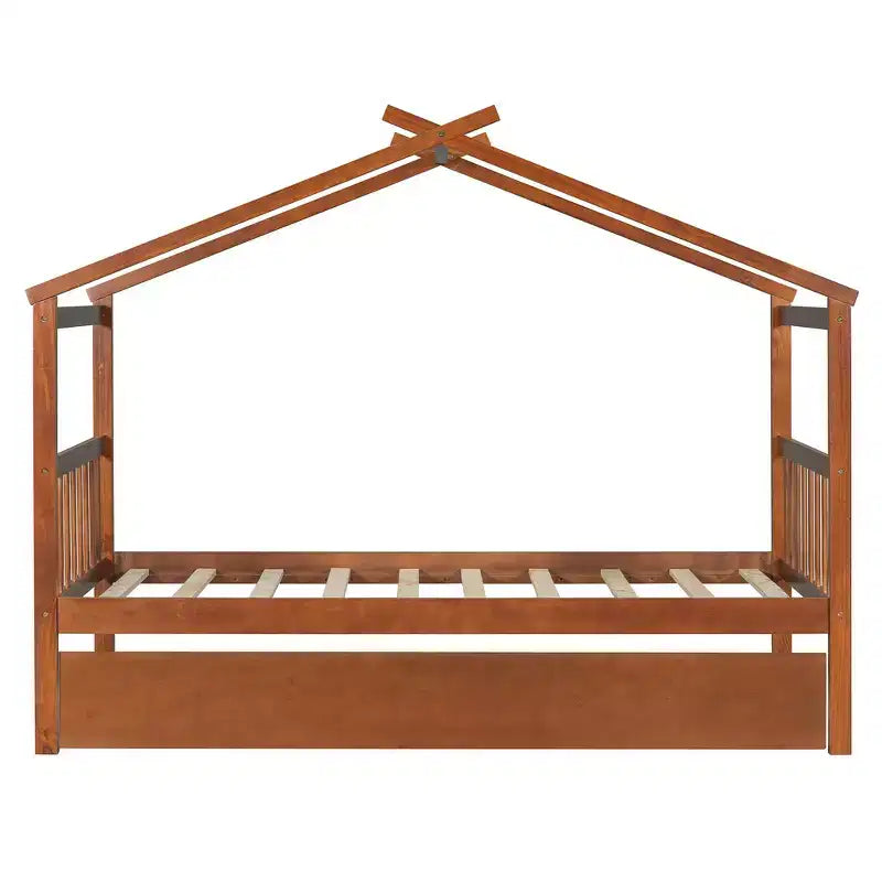 Lit jumeau de style maison, gris/naturel/noyer/blanc, avec lit gigogne – Pour 2 personnes