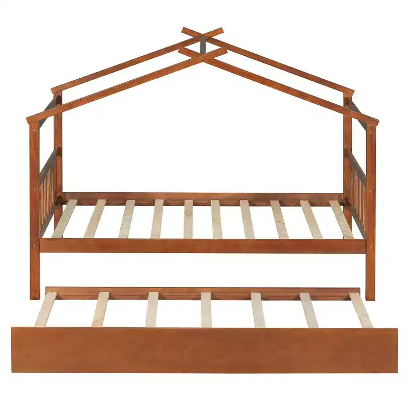 Lit jumeau de style maison, gris/naturel/noyer/blanc, avec lit gigogne – Pour 2 personnes