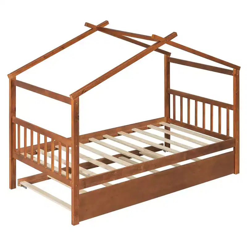 Lit jumeau de style maison, gris/naturel/noyer/blanc, avec lit gigogne – Pour 2 personnes