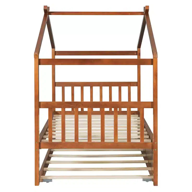 Lit jumeau de style maison, gris/naturel/noyer/blanc, avec lit gigogne – Pour 2 personnes