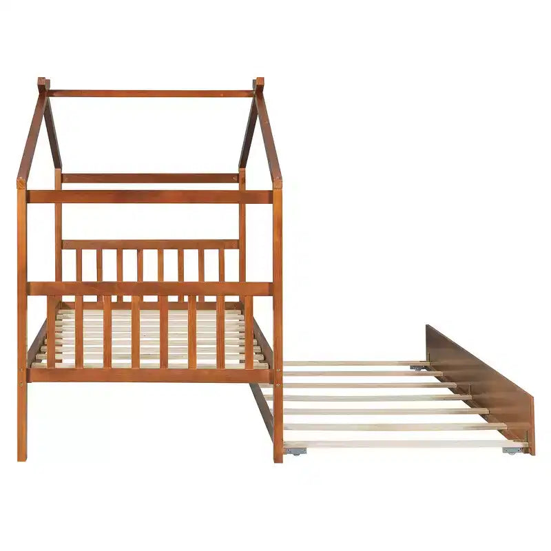 Lit jumeau de style maison, gris/naturel/noyer/blanc, avec lit gigogne – Pour 2 personnes