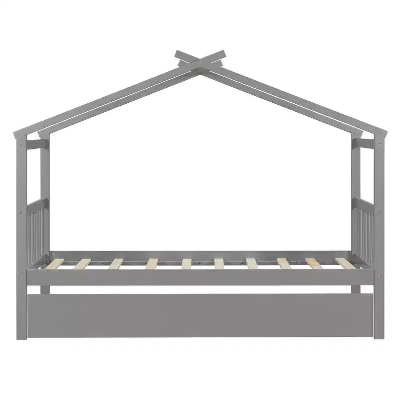 Lit jumeau de style maison, gris/naturel/noyer/blanc, avec lit gigogne – Pour 2 personnes