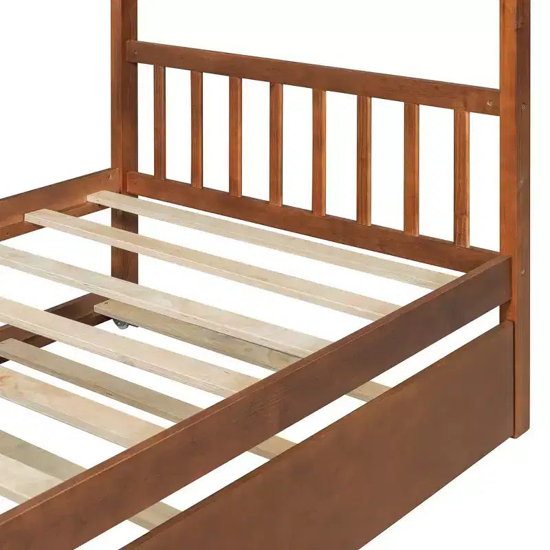 Lit jumeau de style maison, gris/naturel/noyer/blanc, avec lit gigogne – Pour 2 personnes